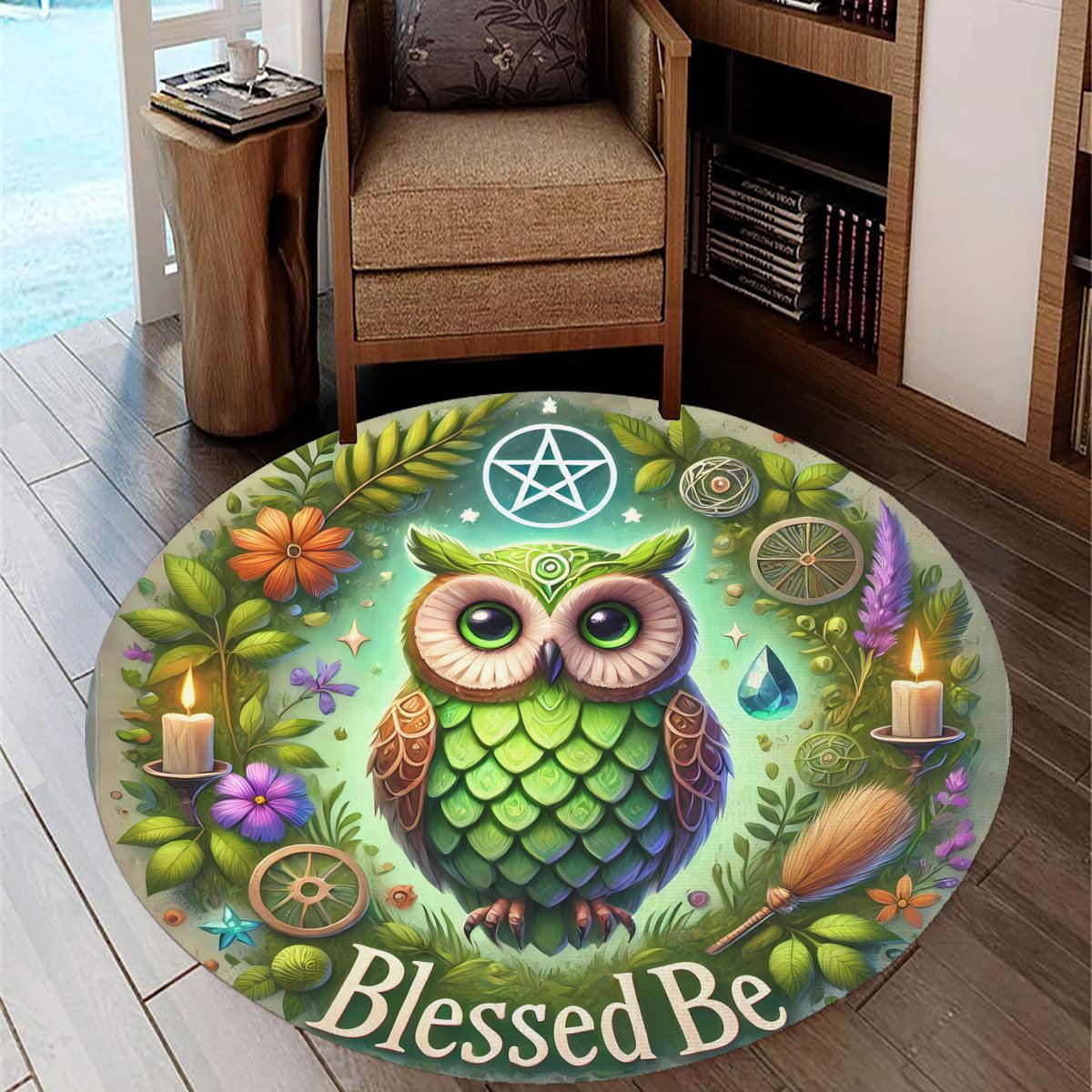 Green Owl Wicca Round Rug Magic Owl Carpet for Witchy Home Decor-MoonChildWorld