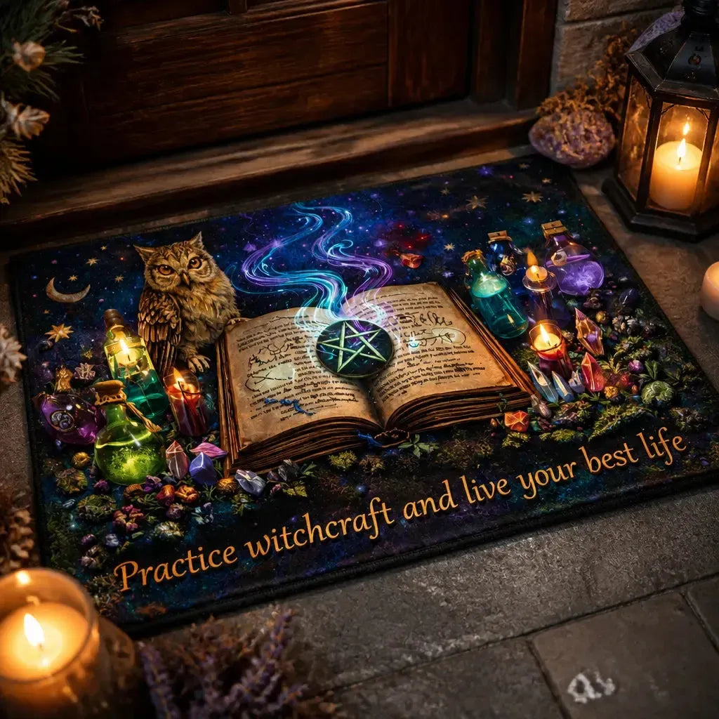 Witchcraft Spell Book Doormat – Occult Pagan Welcome Mat for Gothic Home_mockup_2.webp