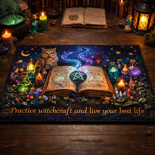 Witchcraft spell book doormat with an owl, pentacle, moon, stars, and "Practice witchcraft and live your best life" text.