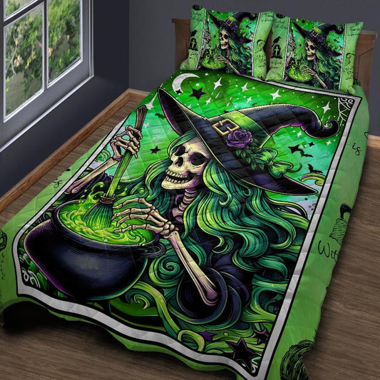 Green Tarot Skelaton Witch Quilt Bedding Set for Halloween Decor-MoonChildWorld