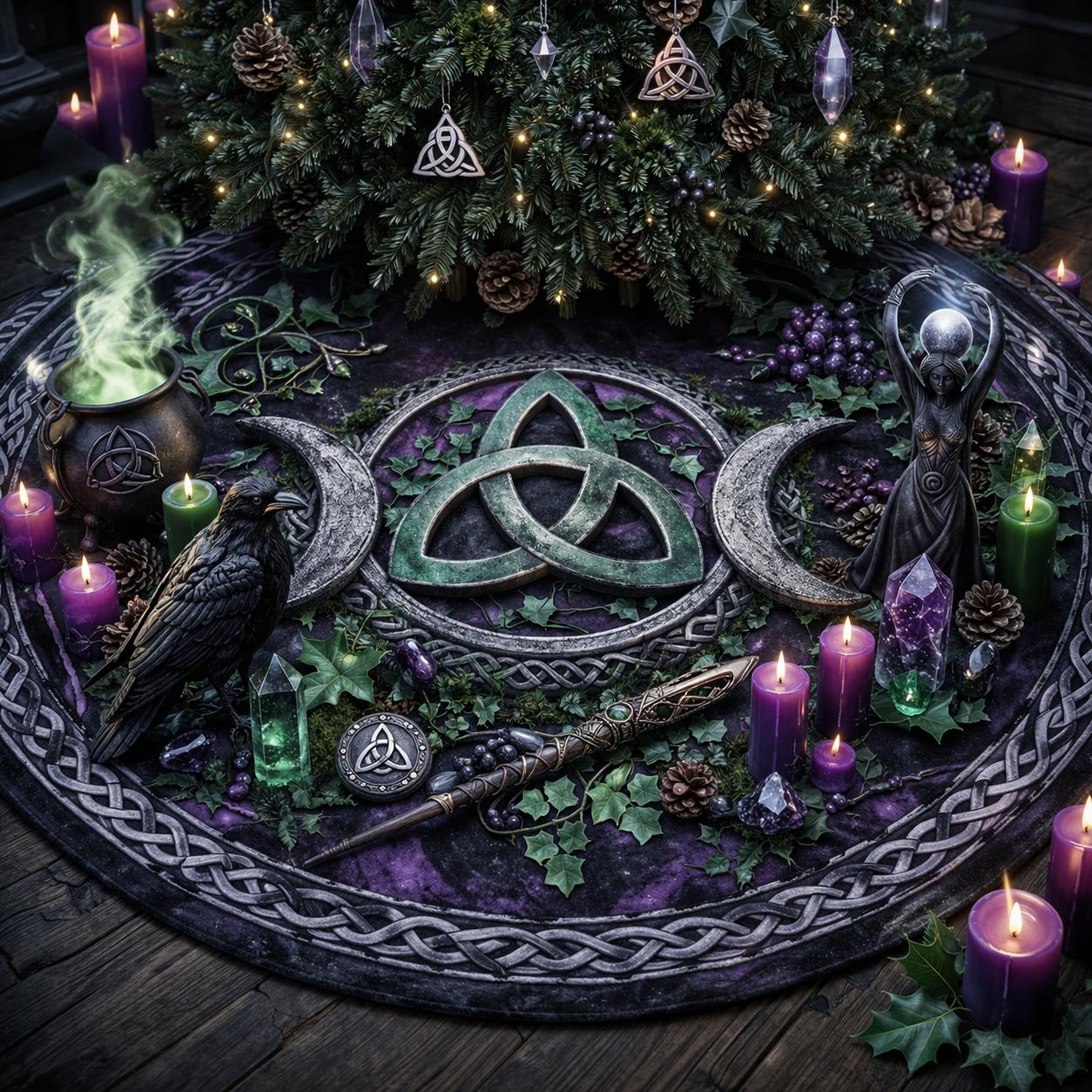 Gothic dark triple moon phases pagan tree skirt in deep purple velvet with a Celtic knot design.
