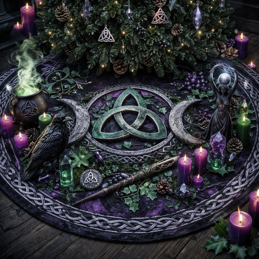 Gothic dark triple moon phases pagan tree skirt in deep purple velvet with a Celtic knot design.