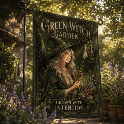 Green Witch Garden house flag mockup hanging outdoors as pagan garden decor