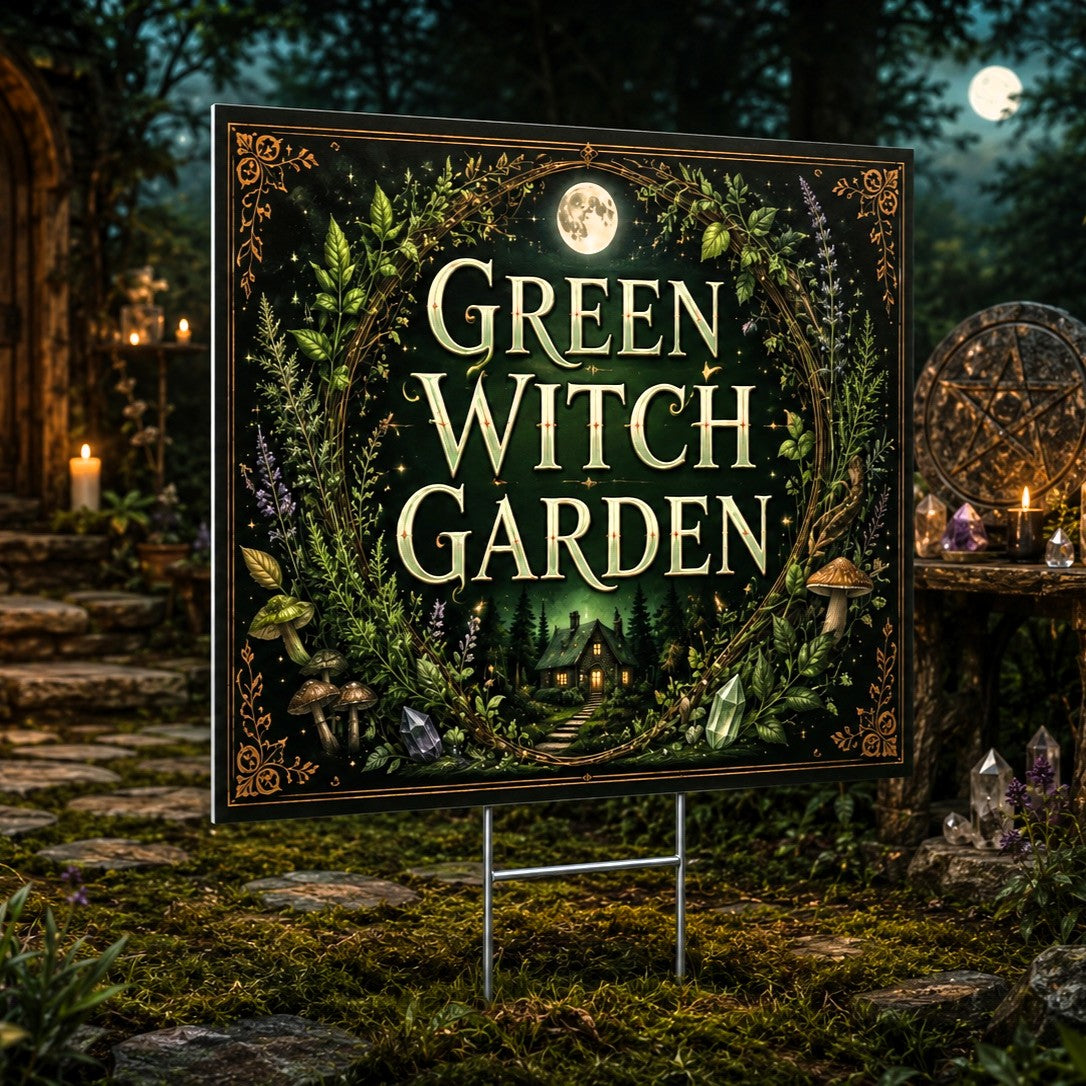 Green Witch Garden Wiccan Yard Sign - close up detail