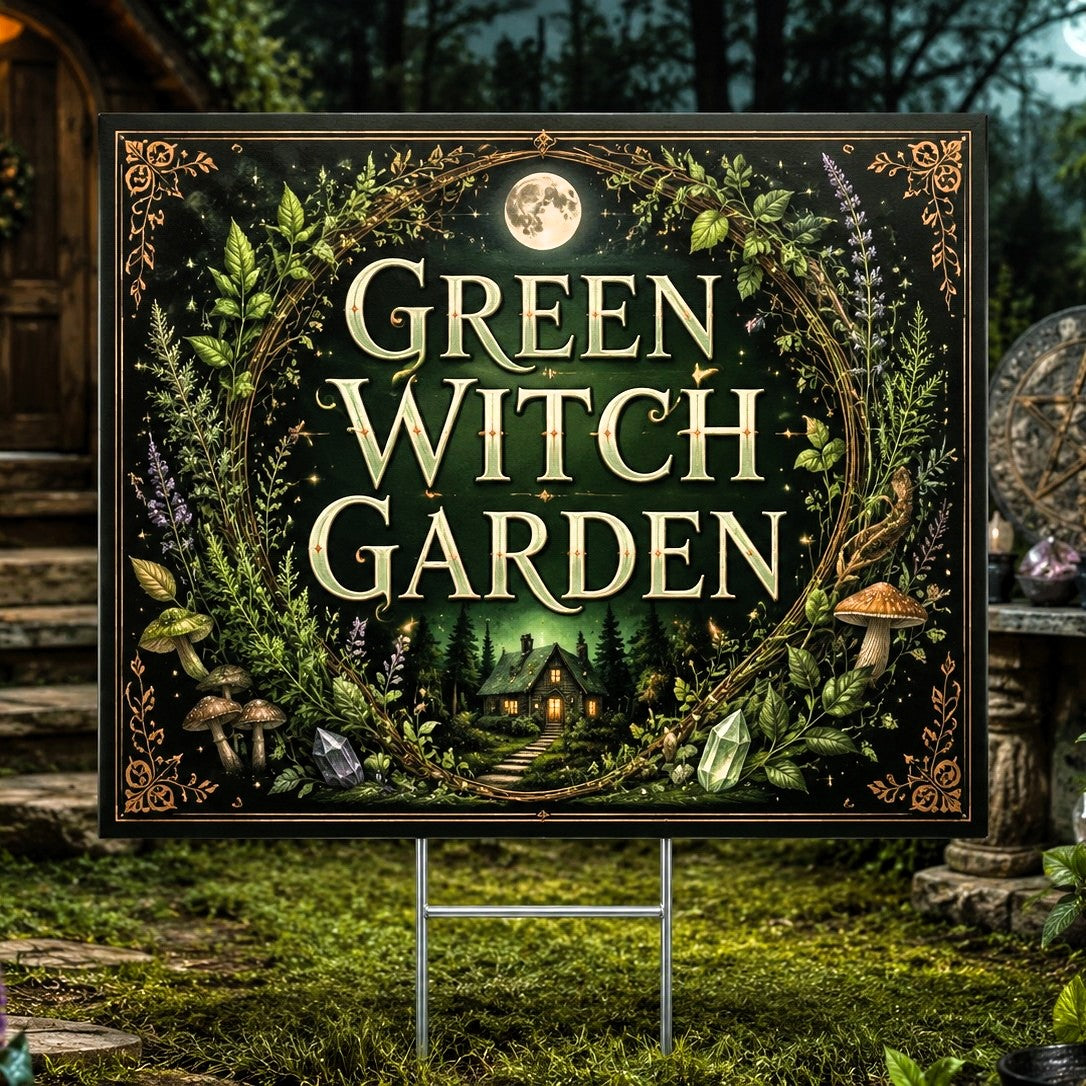 Green Witch Garden Wiccan Yard Sign - front view