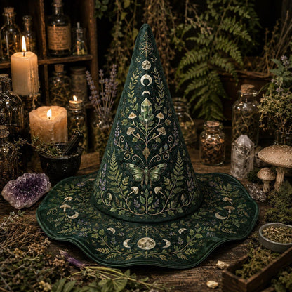 Green Witch Hat – Botanical Herbalist Pagan Forest Wide Brim Hat – quilting and print detail