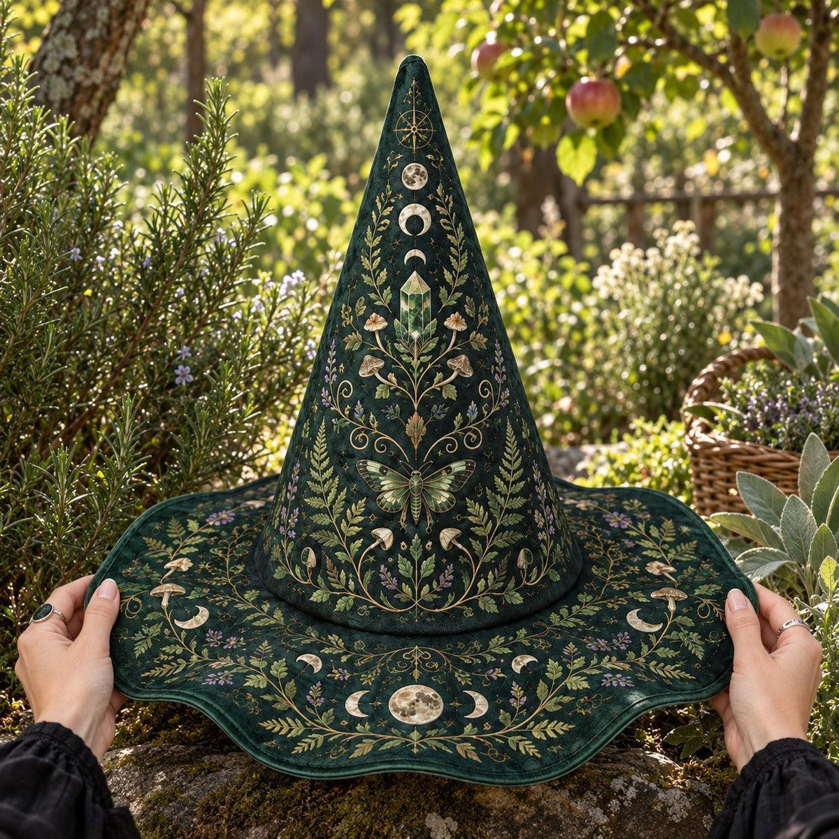 Green Witch Hat held by witch hands outdoors in natural sunlight