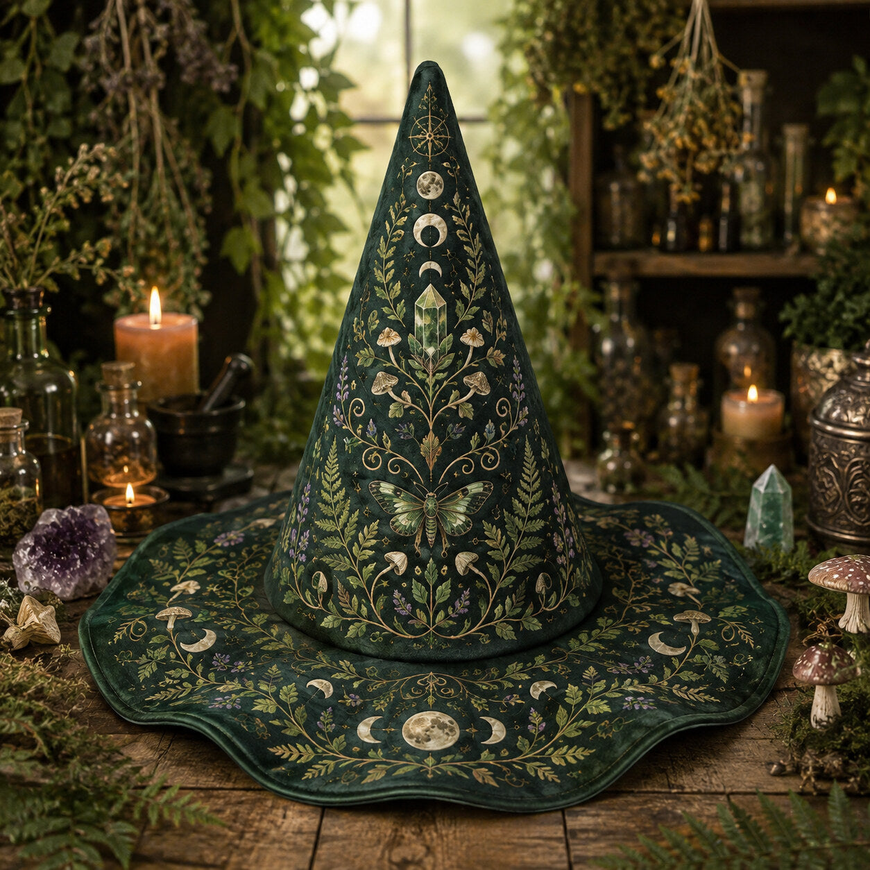 Green Witch Hat – Botanical Herbalist Pagan Forest Wide Brim Hat – on an altar table