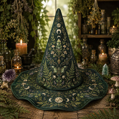 Green Witch Hat – Botanical Herbalist Pagan Forest Wide Brim Hat – on an altar table
