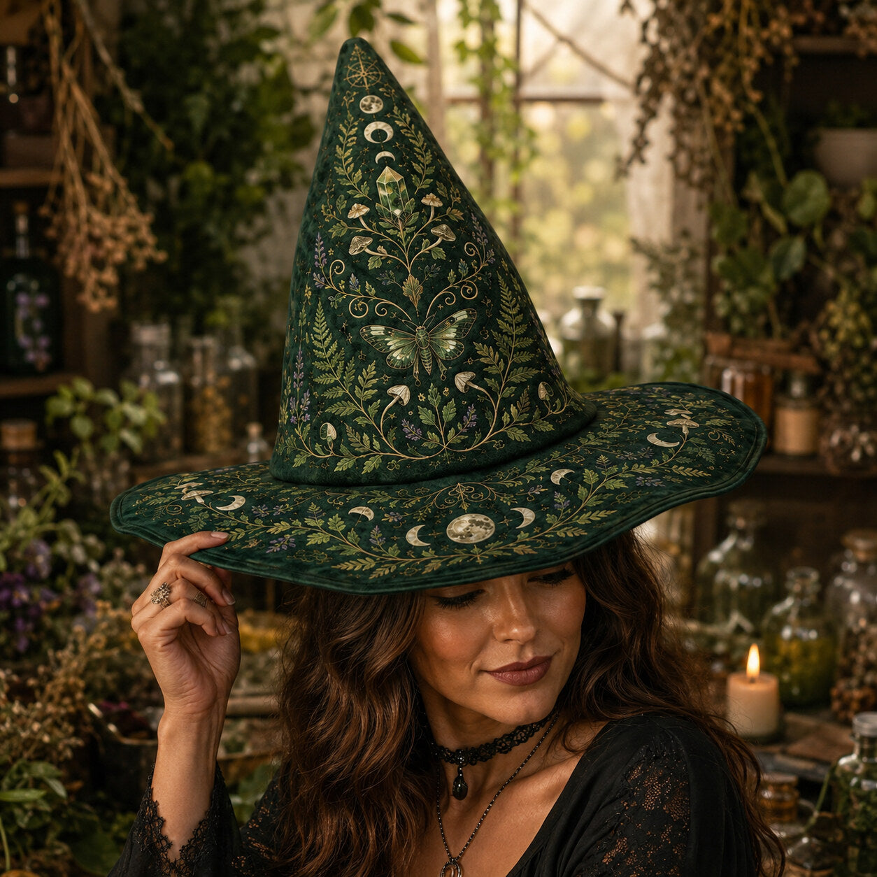 Green Witch Hat – Botanical Herbalist Pagan Forest Wide Brim Hat – styled with candles and crystals