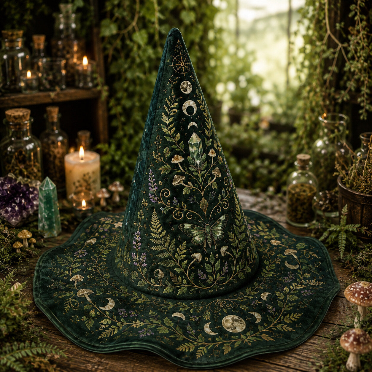 Green Witch Hat – Botanical Herbalist Pagan Forest Wide Brim Hat – worn, front view