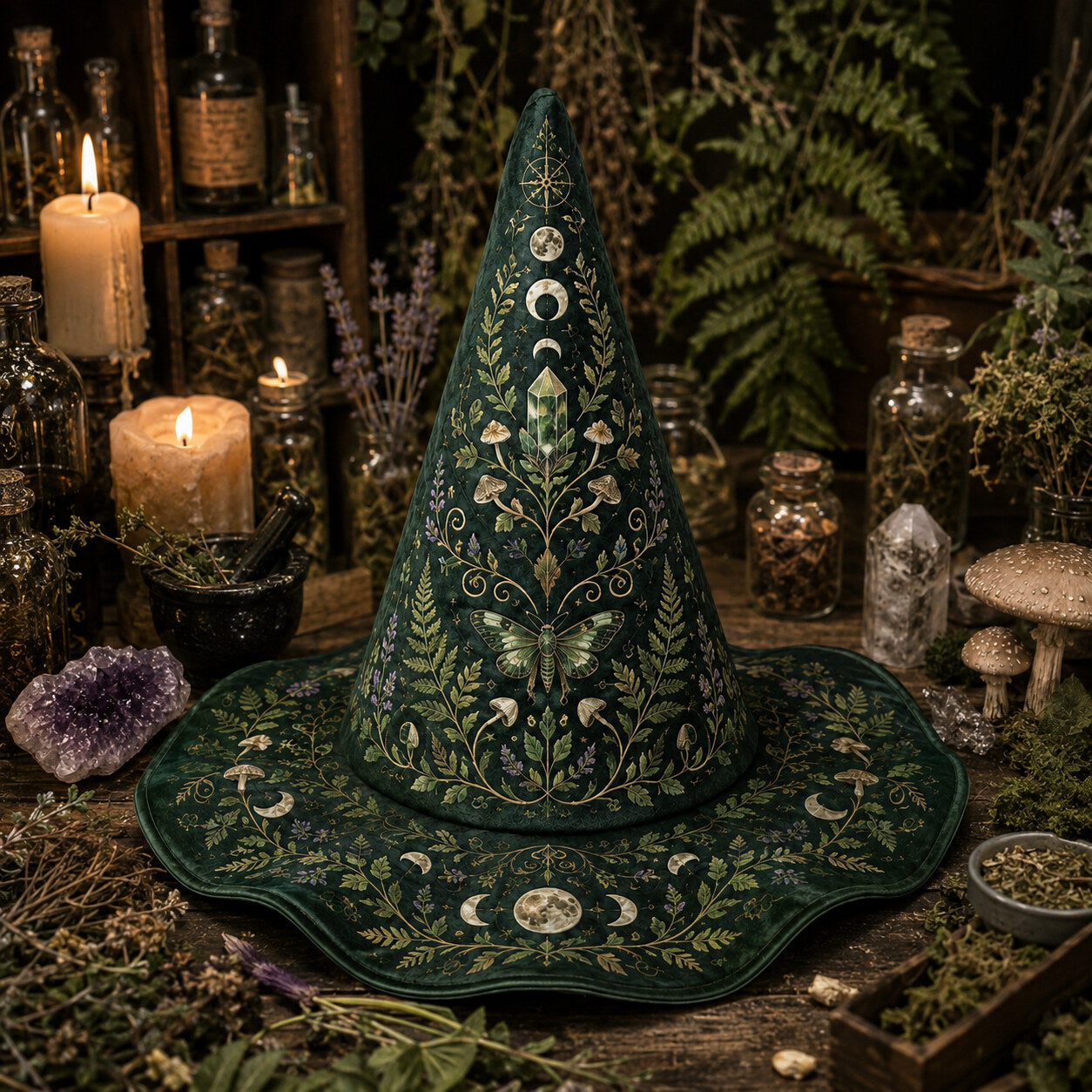 Green Witch Hat – Botanical Herbalist Pagan Forest Wide Brim Hat – quilting and print detail