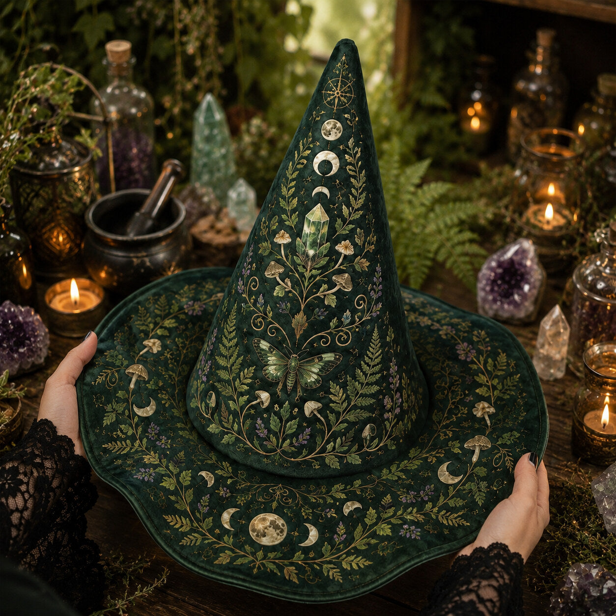 Green Witch Hat – Botanical Herbalist Pagan Forest Wide Brim Hat – held in both hands