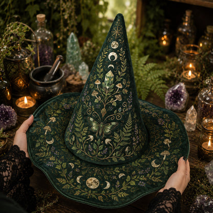 Green Witch Hat – Botanical Herbalist Pagan Forest Wide Brim Hat – held in both hands