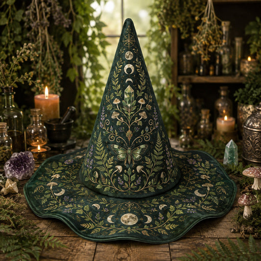 Green Witch Hat – Botanical Herbalist Pagan Forest Wide Brim Hat – on an altar table