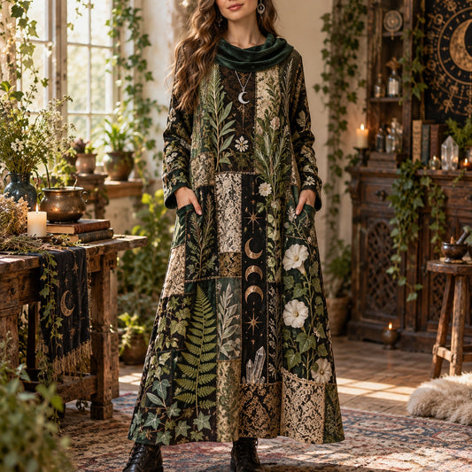 Green Witch Herbarium Botanical Cowl Neck Dress – Witchy Fern Maxi – worn, front view