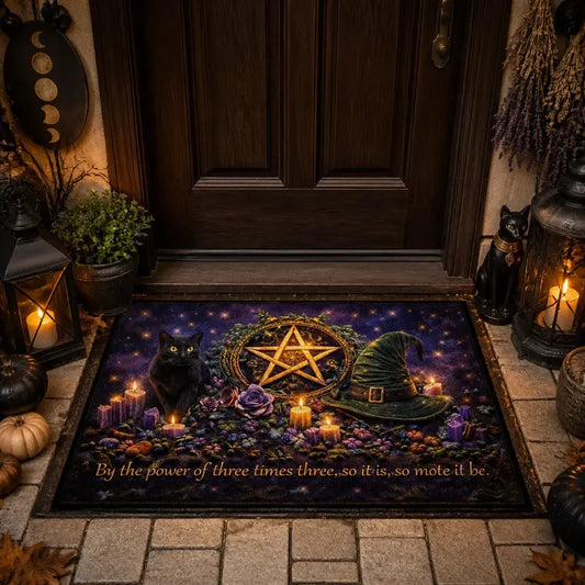 Green Witch, Pentacle & Black Cat Doormat – Herbology Pagan Welcome Mat for Cottagecore Decor_mockup_1.webp