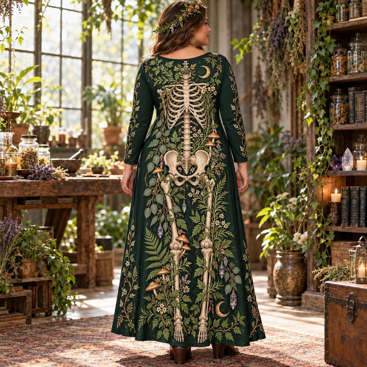 Green Witch Skeleton Plus Size Pagan Dress – Herbal Long Sleeve Maxi – worn, back view