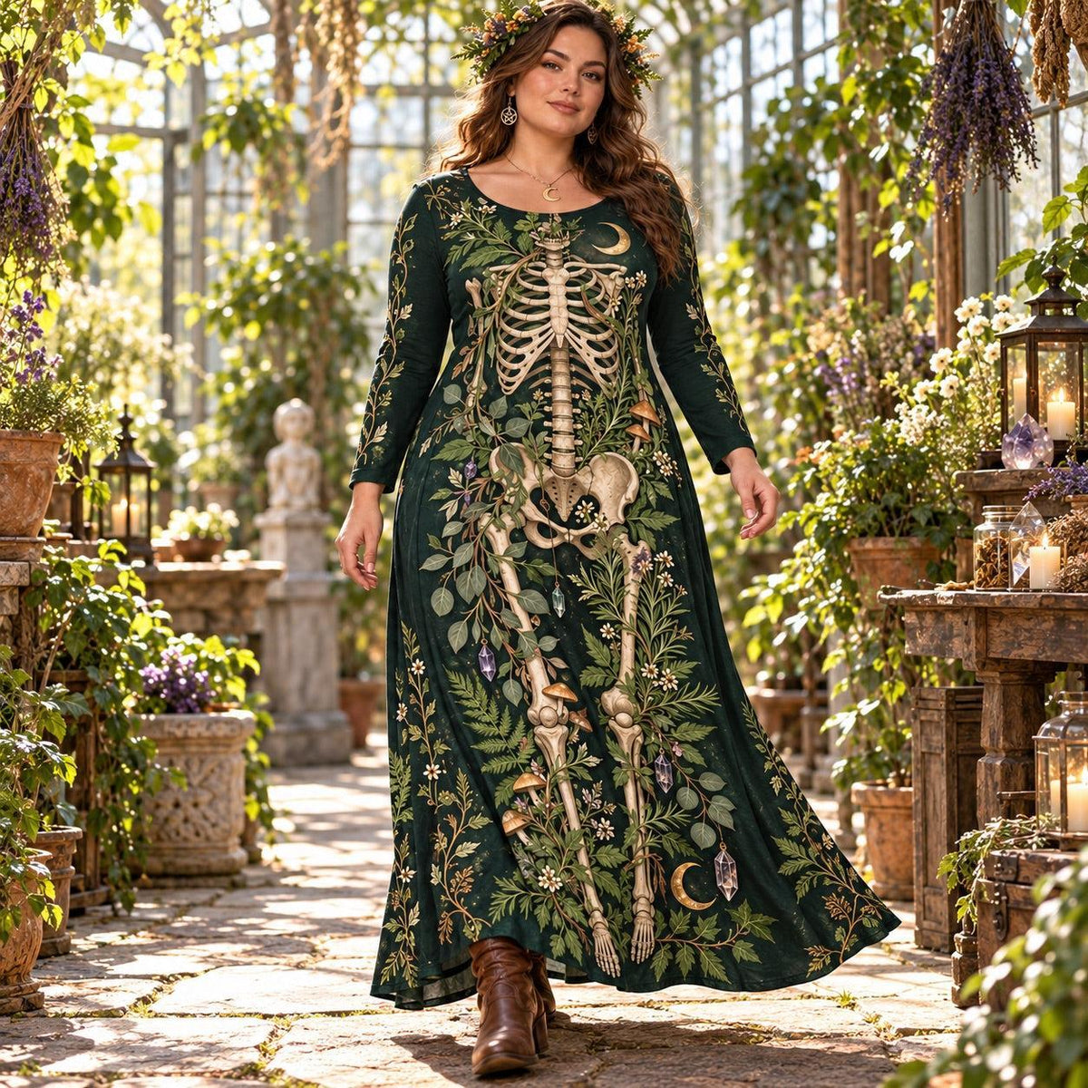 Green Witch Skeleton Plus Size Pagan Dress – Herbal Long Sleeve Maxi – worn, in motion