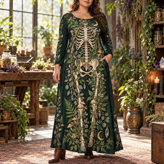 Green Witch Skeleton Plus Size Pagan Dress – Herbal Long Sleeve Maxi – worn, front view