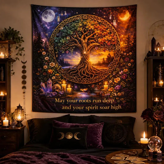 Pagan Celtic Tree of Life Tapestry with Sun & Moon - Wiccan Altar Wall Hanging_mockup_1.webp