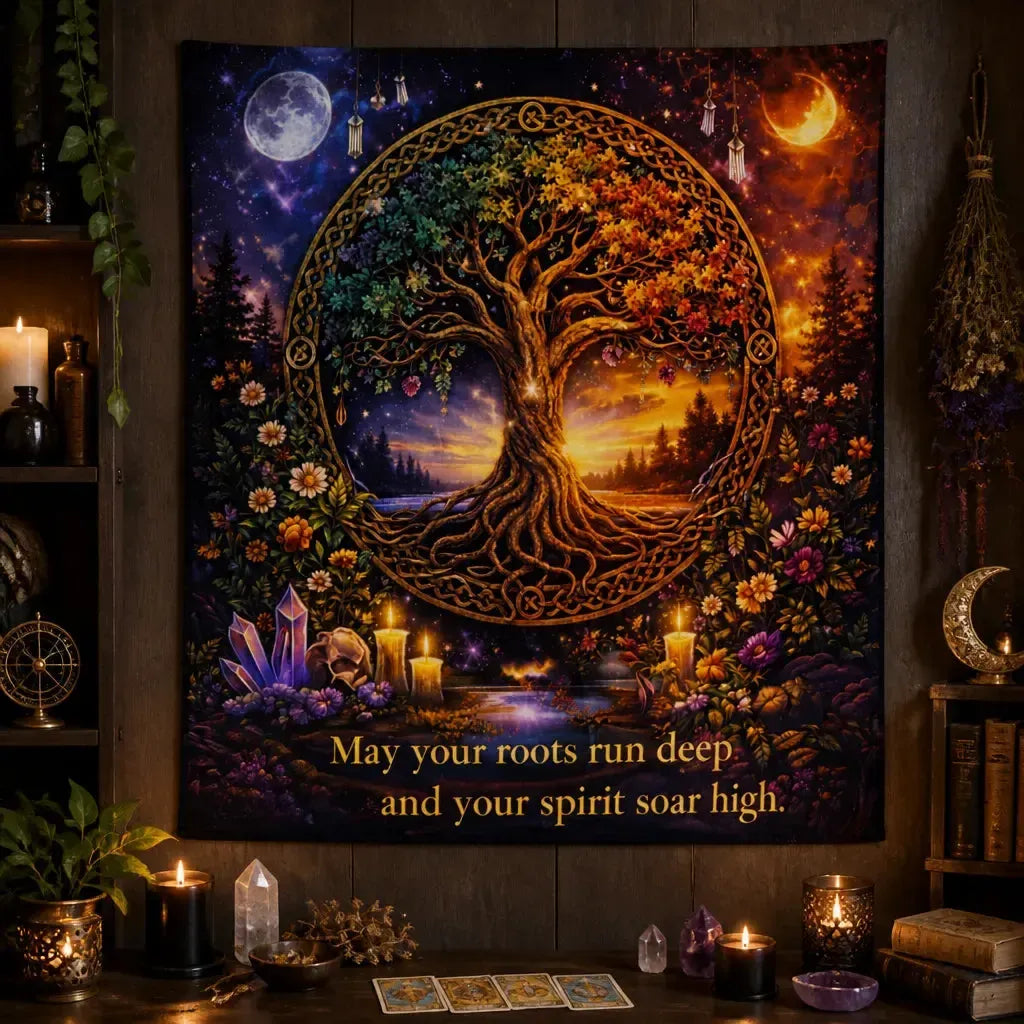 Pagan Celtic Tree of Life Tapestry with Sun & Moon - Wiccan Altar Wall Hanging_mockup_2.webp