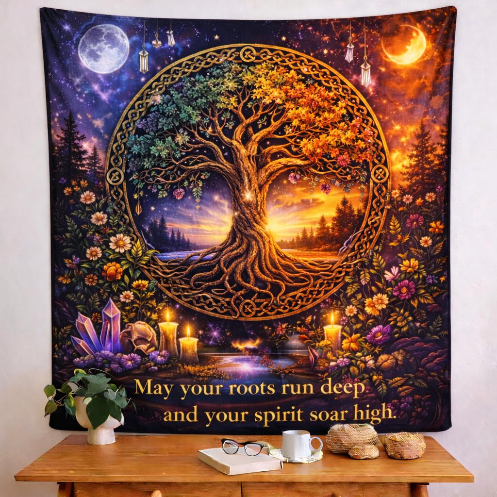 Colorful Pagan Celtic Tree of Life tapestry with sun, moon, crystals, candles, and "May your roots run deep" quote.