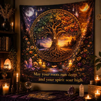 Pagan Celtic Tree of Life Tapestry with Sun & Moon - Wiccan Altar Wall Hanging_mockup_3.webp