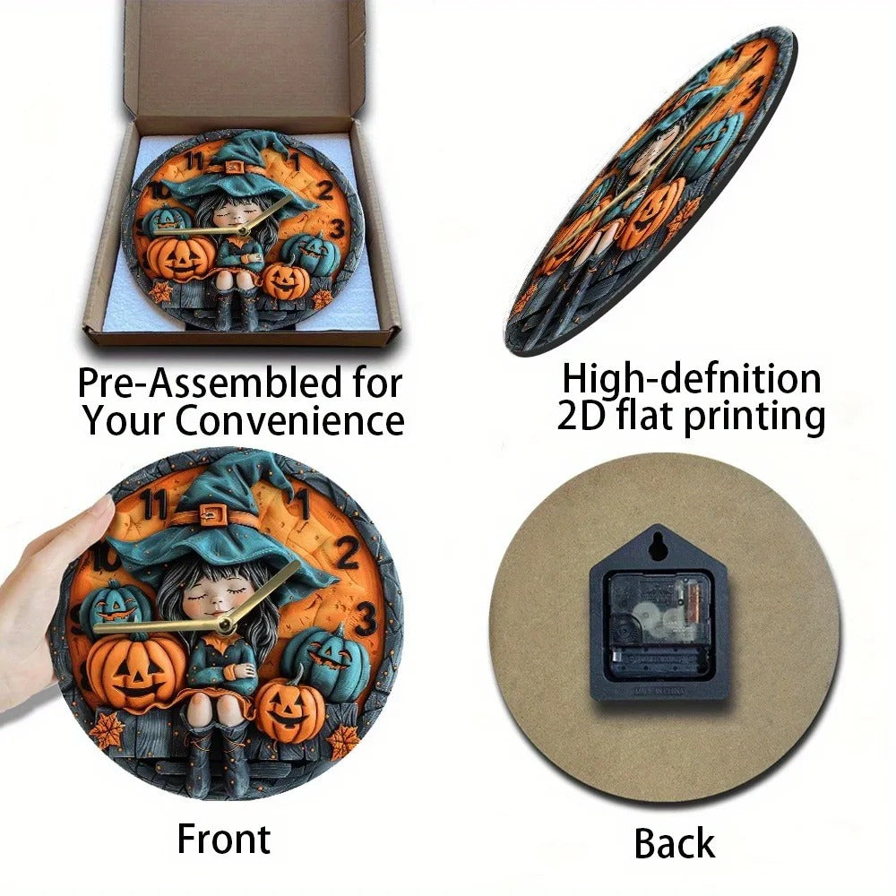 Wooden wall clock with a witch and pumpkin for Halloween decor - Witchy Wall Clock-MoonChildWorld