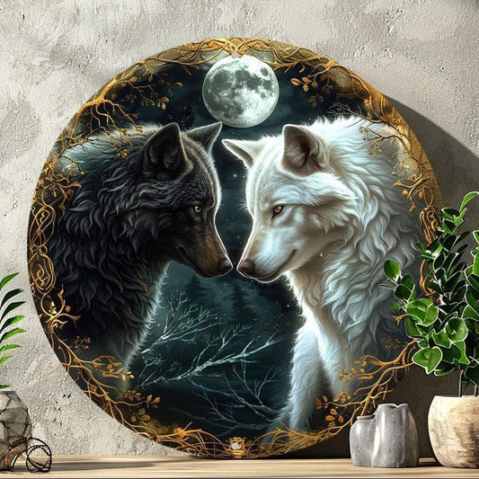 Moon Wolf Metal Sign Black and White Wolves Wall Sign-MoonChildWorld