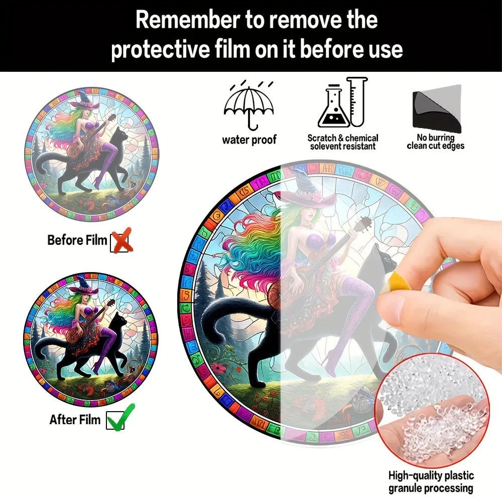 Guitar Witch Suncatcher Enchanting Acrylic Round Sign Witchy Home Decor-MoonChildWorld