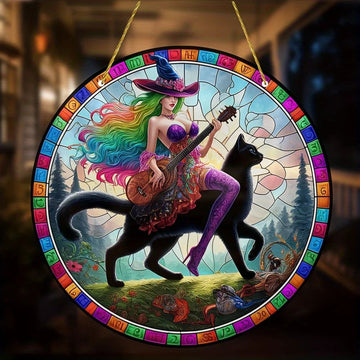 Guitar Witch Suncatcher Enchanting Acrylic Round Sign Witchy Home Decor-MoonChildWorld