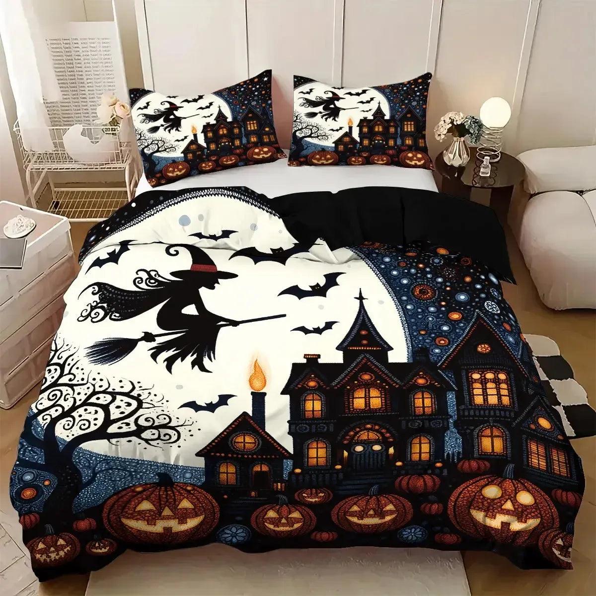 Halloween Bedding Set Gothic Castle Flying Witch Duvet Cover for Witch Home Decor-MoonChildWorld