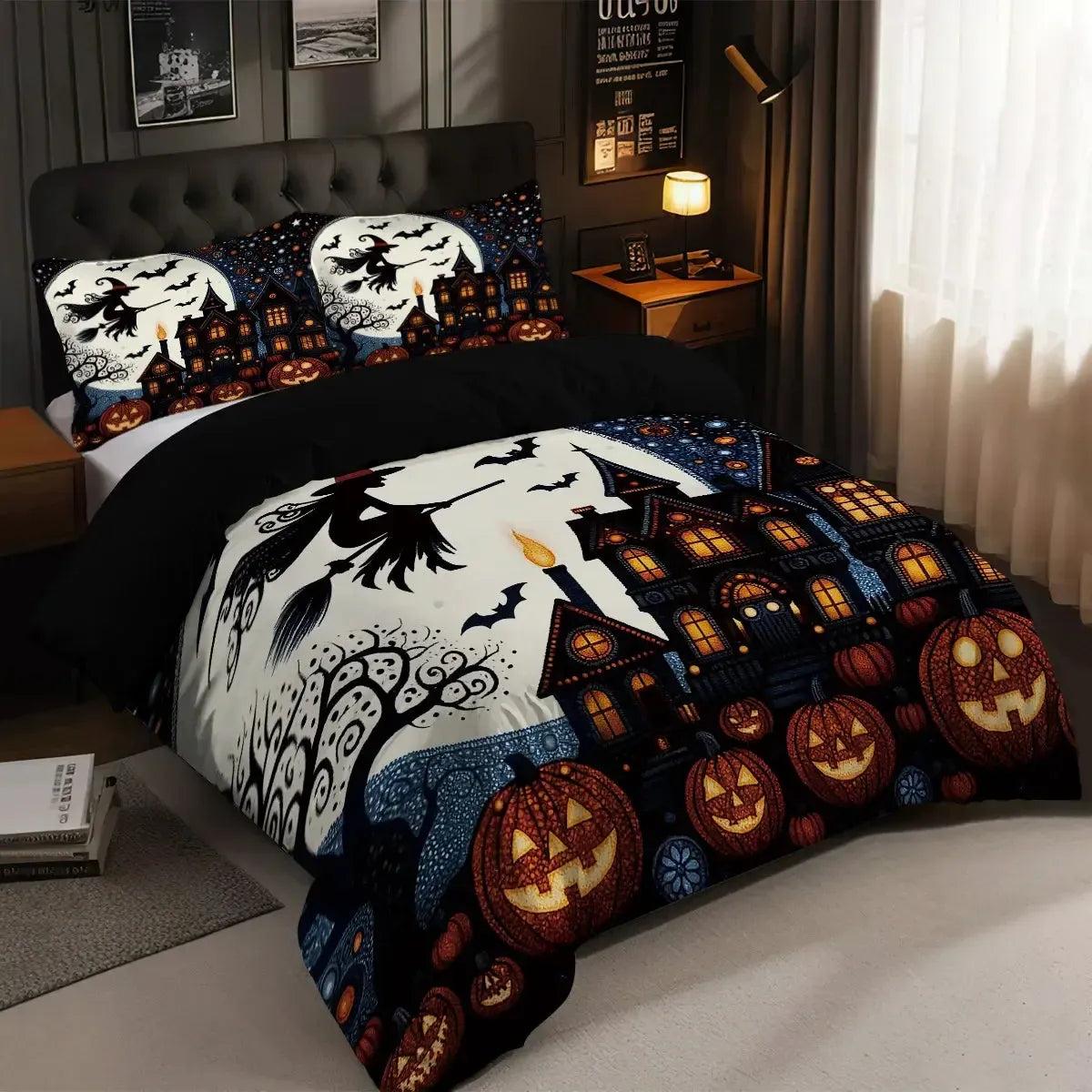 Halloween Bedding Set Gothic Castle Flying Witch Duvet Cover for Witch Home Decor-MoonChildWorld