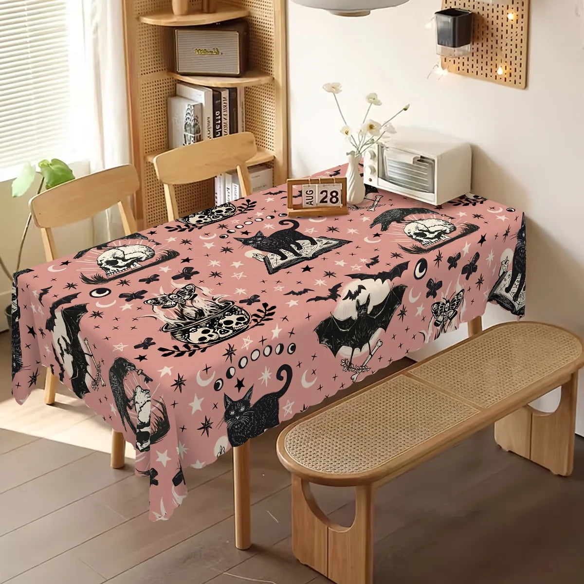 Halloween Black Cat Bat Skull Tablecloth Gothic Table Decor-MoonChildWorld