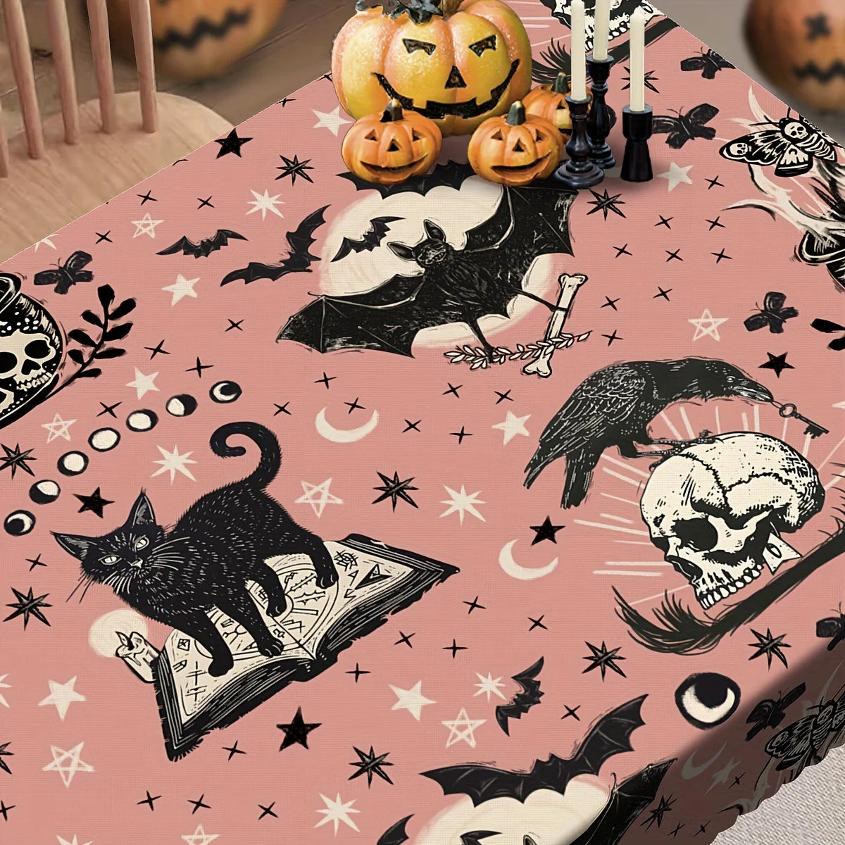 Halloween Black Cat Bat Skull Tablecloth Gothic Table Decor-MoonChildWorld