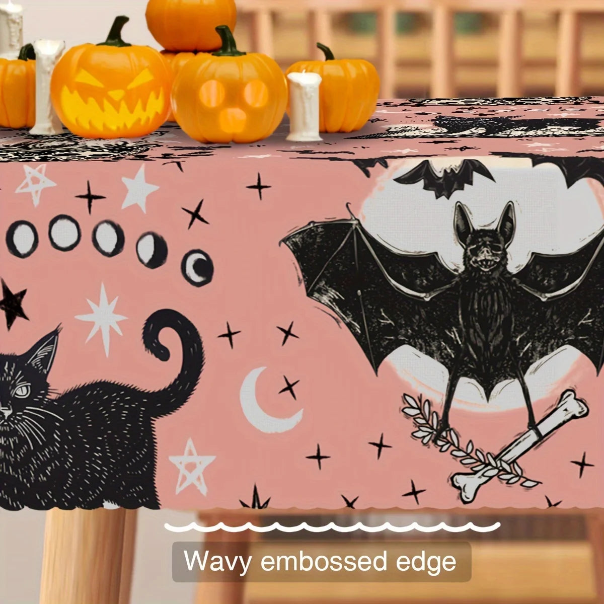 Halloween Black Cat Bat Skull Tablecloth Gothic Table Decor-MoonChildWorld
