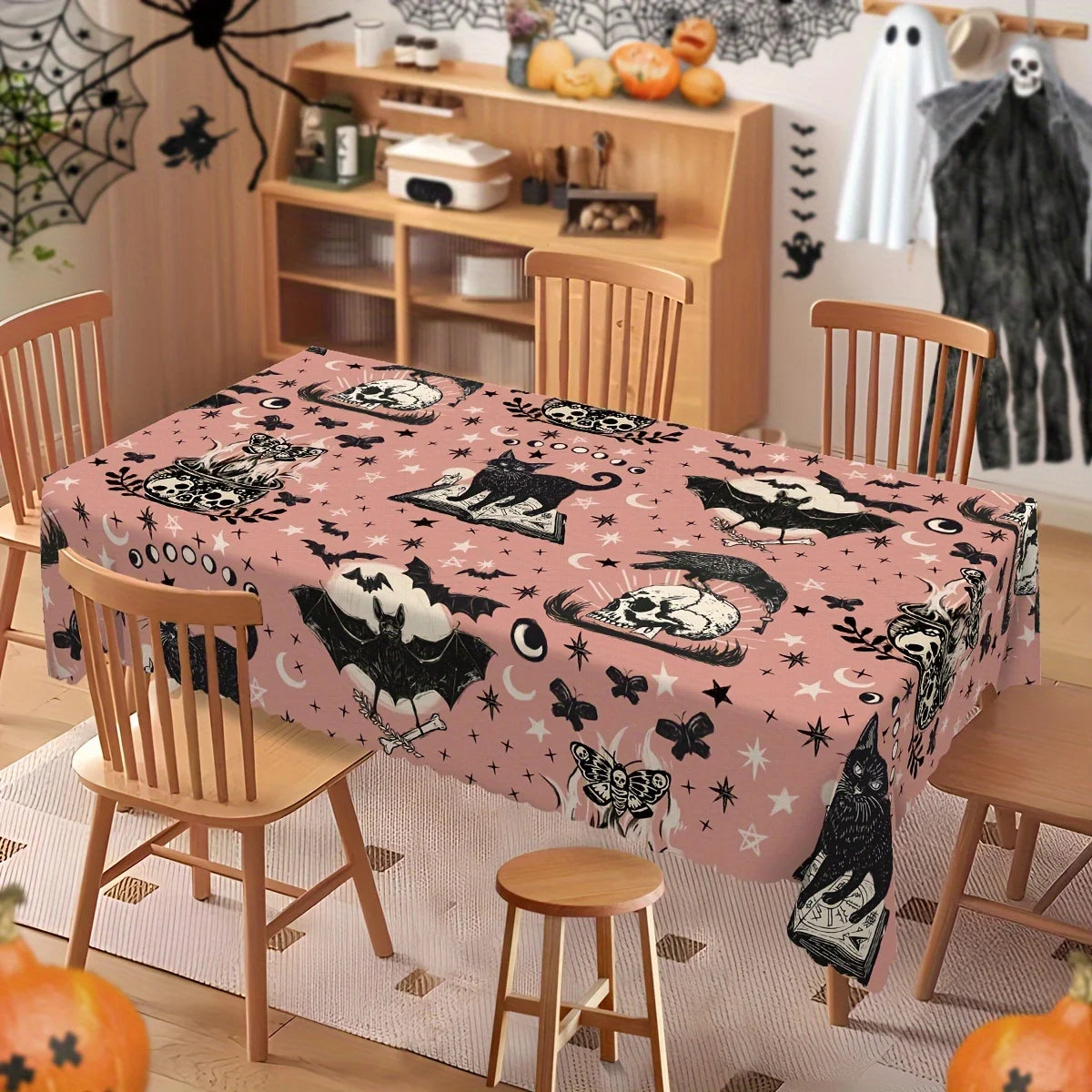 Halloween Black Cat Bat Skull Tablecloth Gothic Table Decor-MoonChildWorld