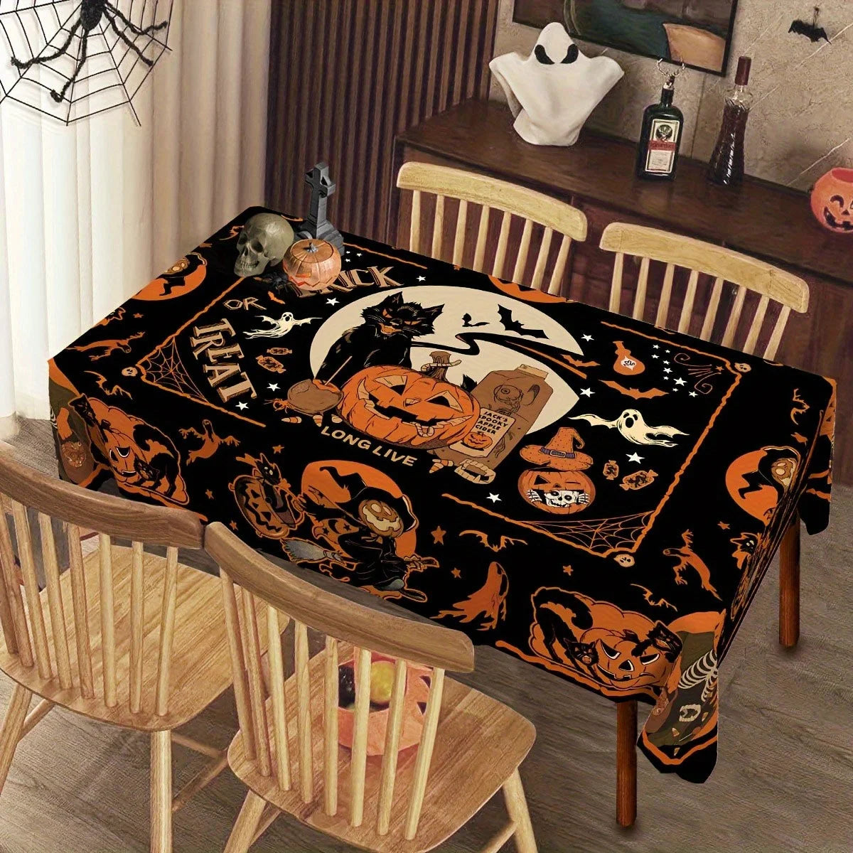 Halloween Black Cat Bat Tablecloth Witchy Dining Table Decor-MoonChildWorld