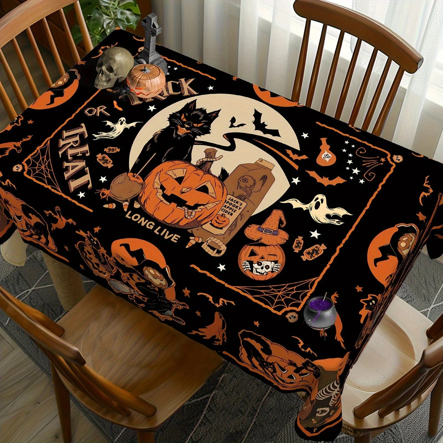 Halloween Black Cat Bat Tablecloth Witchy Dining Table Decor-MoonChildWorld