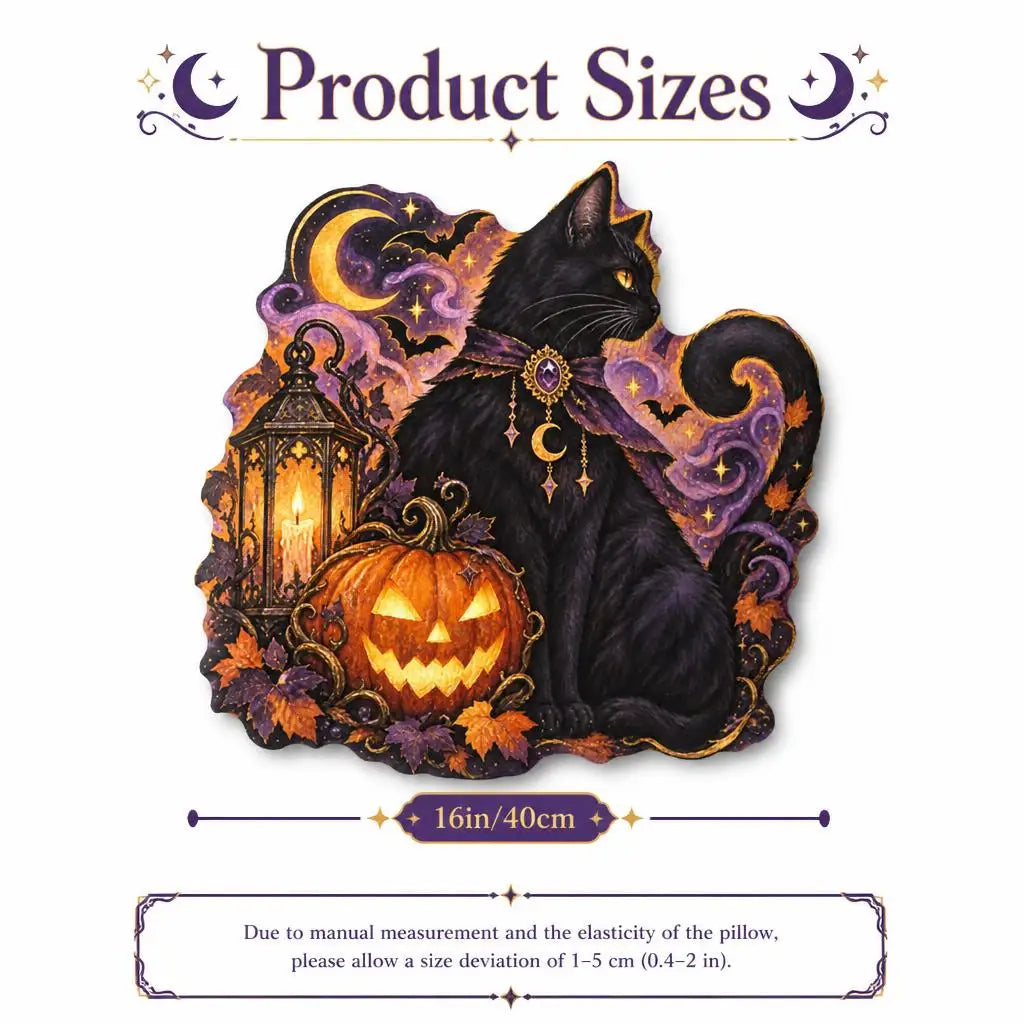 Size guide showing 16 inch / 40 cm: decorative plush pillow featuring cat, pumpkin and crescent moon artwork