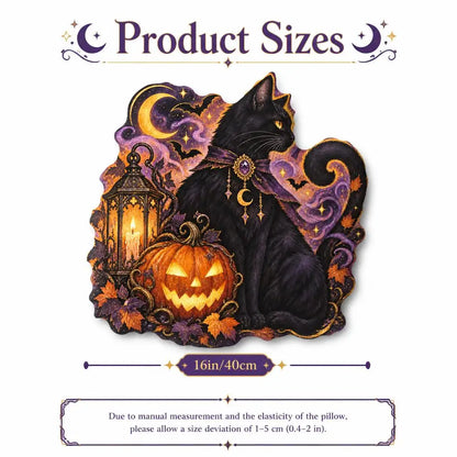 Size guide showing 16 inch / 40 cm: decorative plush pillow featuring cat, pumpkin and crescent moon artwork