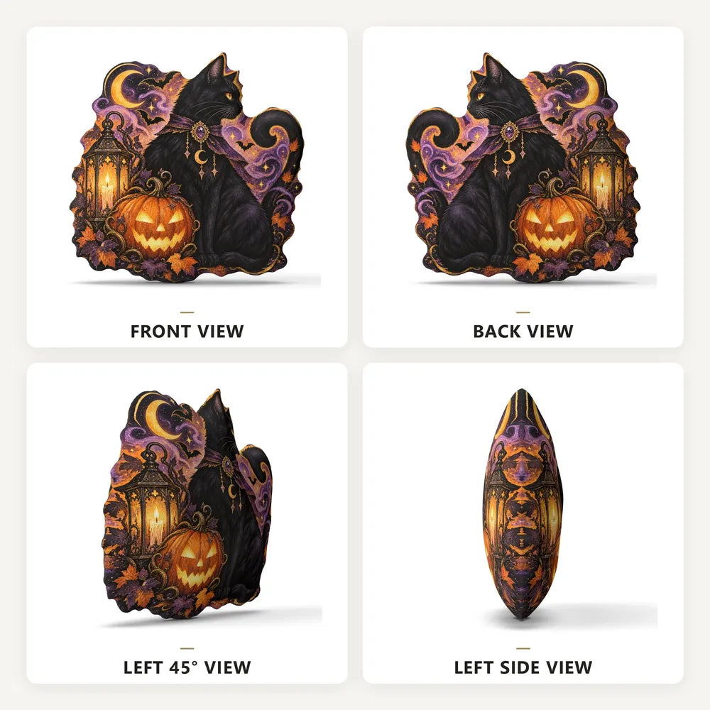 Front, back and side views: decorative plush pillow featuring cat, pumpkin and crescent moon artwork