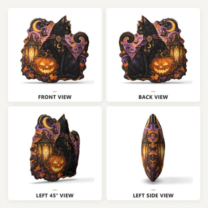 Front, back and side views: decorative plush pillow featuring cat, pumpkin and crescent moon artwork
