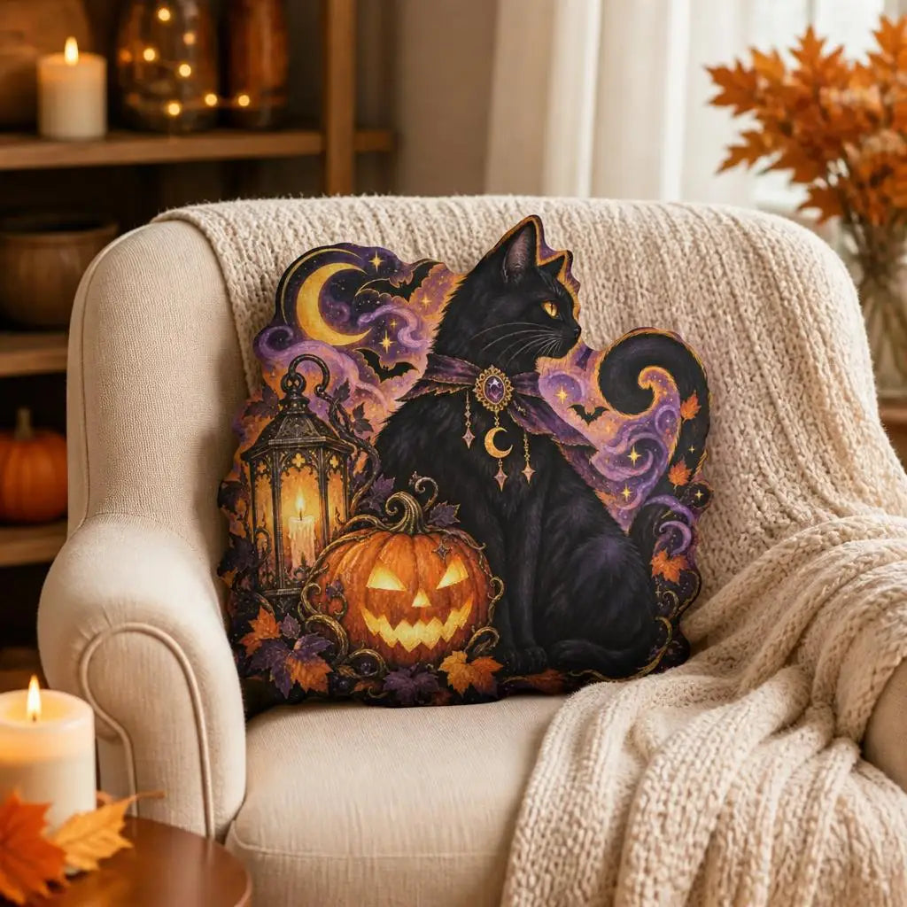 Alternate styled room view: decorative plush pillow featuring cat, pumpkin and crescent moon artwork