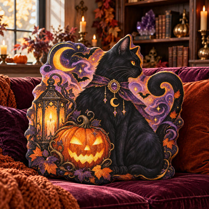 Black Cat Pumpkin Crescent Moon Pillow in a witchy room