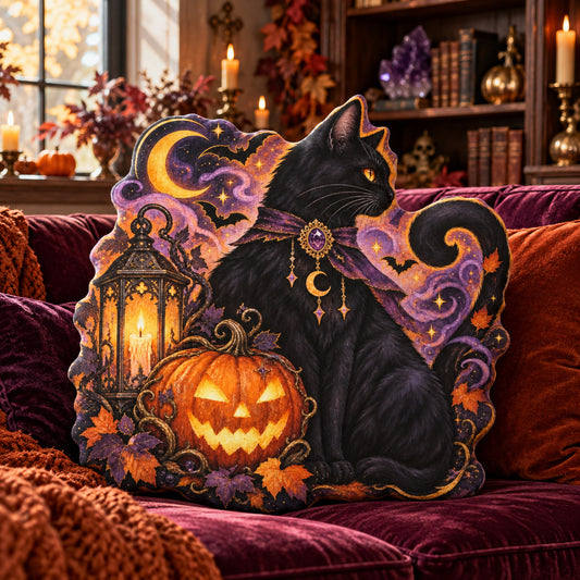 Black Cat Pumpkin Crescent Moon Pillow in a witchy room