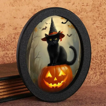 Halloween Black Cat & Pumpkin Wooden Oval Frame - Gothic Oval Wall Art for Halloween Home Decor-MoonChildWorld