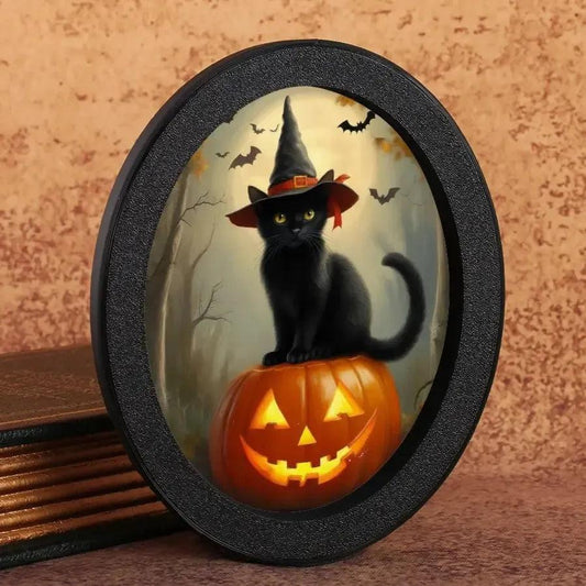 Halloween Black Cat & Pumpkin Wooden Oval Frame - Gothic Oval Wall Art for Halloween Home Decor-MoonChildWorld