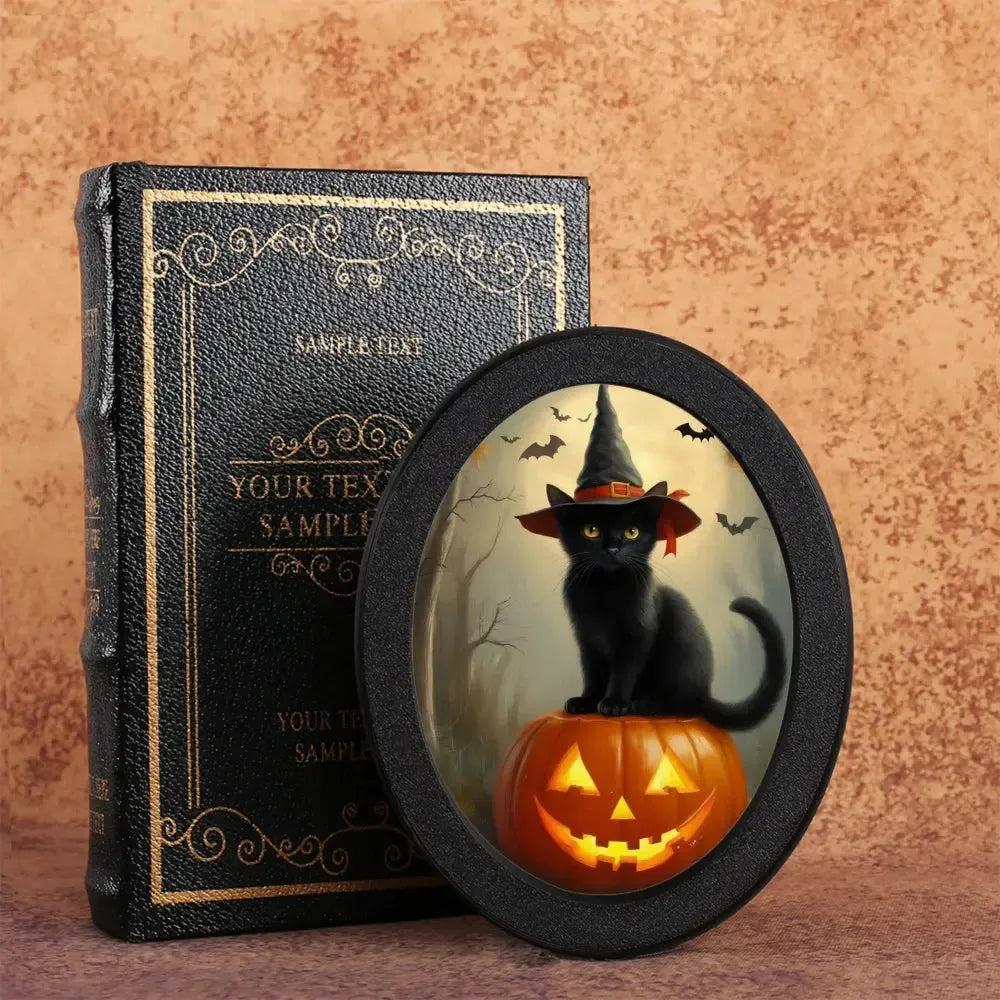 Halloween Black Cat & Pumpkin Wooden Oval Frame - Gothic Oval Wall Art for Halloween Home Decor-MoonChildWorld